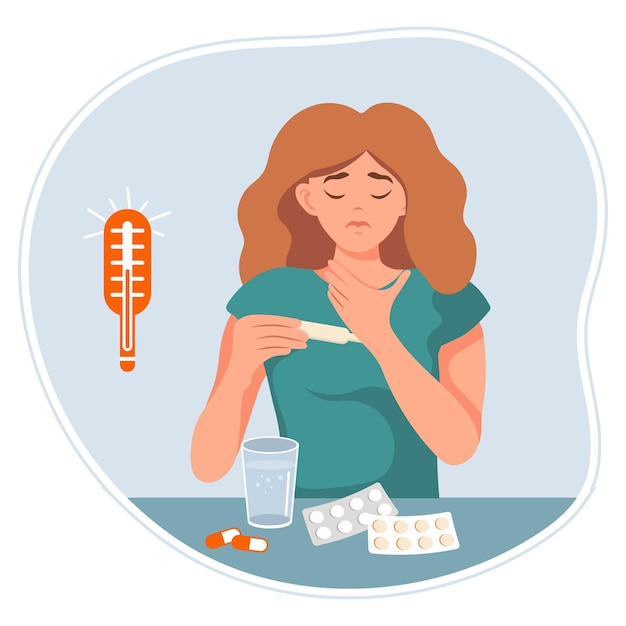 Sick sad girl with a thermometer and pills. Medical concept, illustration, vector