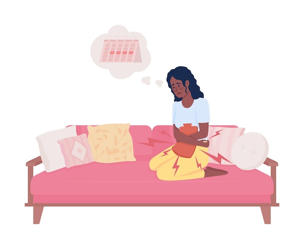 Sick woman relieving period cramps with heating pad semi flat color vector character