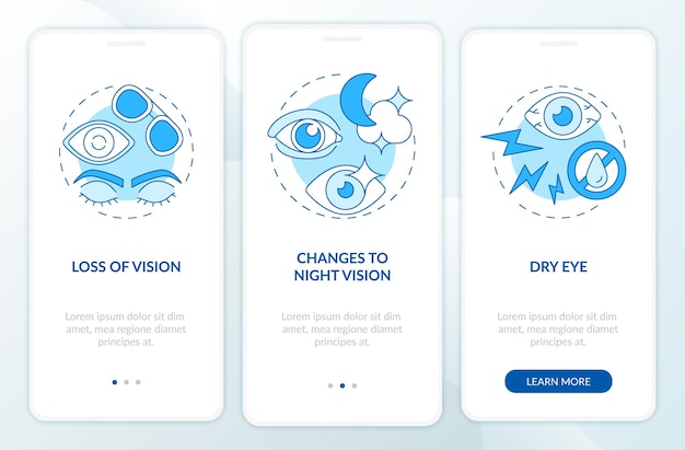 Side effects of lasery surgery onboarding mobile app page screen. Operation walkthrough 3 steps graphic instructions with concepts. UI, UX, GUI vector template with linear color illustrations