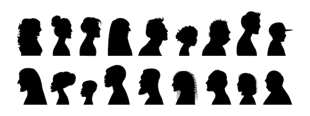 Side of people faces Human head profiles Black silhouette Old man and child Woman or girl persons Baby boy Adult portraits Different haircuts Neck and shoulder Vector icons set