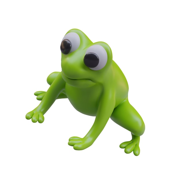 Side view on cartoon green frog Tailless amphibian on white background