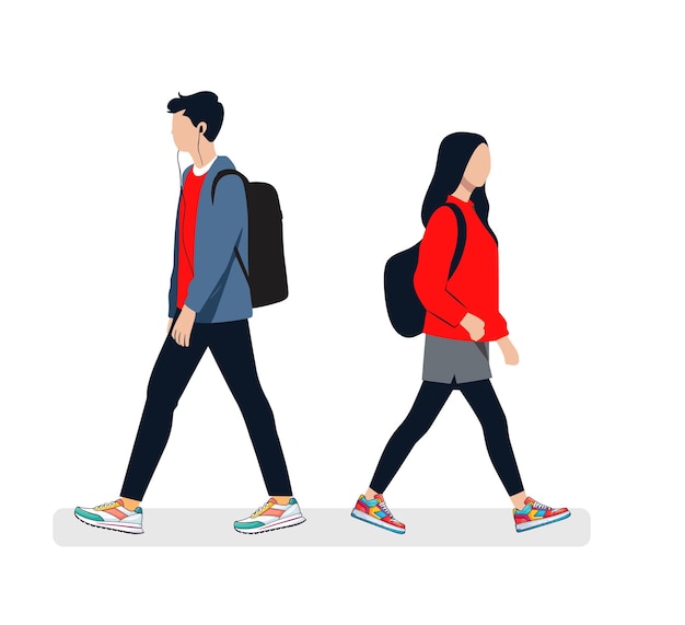 Vector side view of a college students walking with backpack