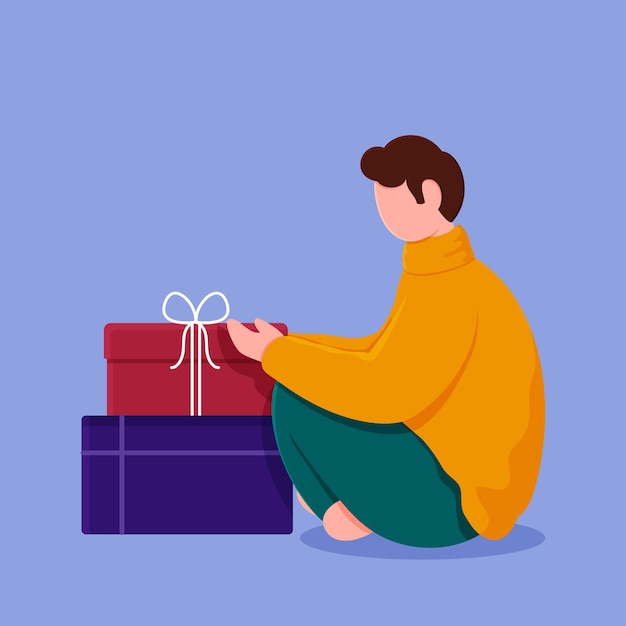 Side View Of Faceless Young Man Sitting With Gift Boxes On Blue Background.