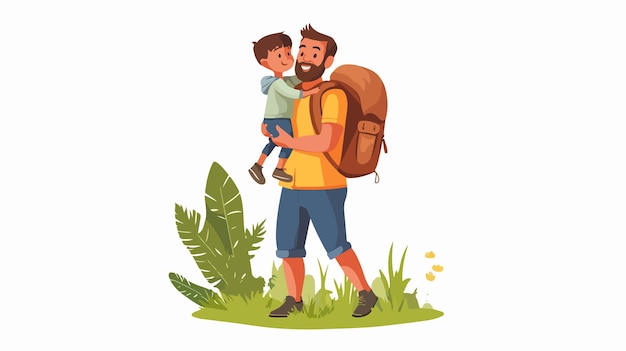 Vector side view of father carrying son on shoulder while walking outdoors