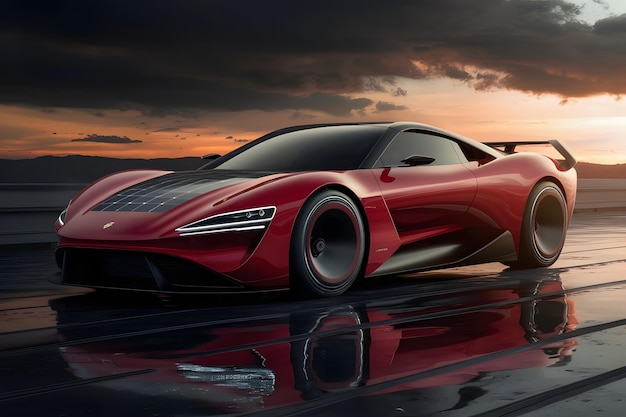 Side view of a generic red sports car parked on a granite tiled floor