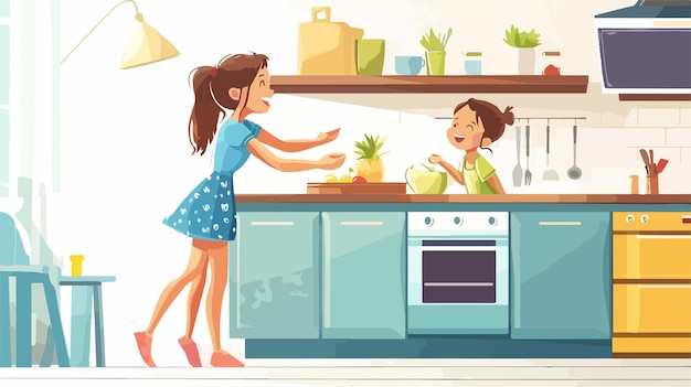 Vector side view of girl helping sister reach friendly siblings image