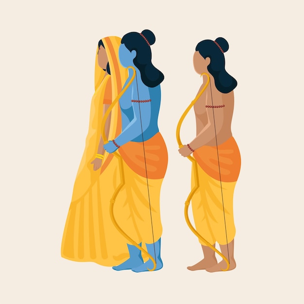 Side View Of Hindu Mythology Lord Rama With His Wife Sita Little Brother Lakshmana Character On Beige Background