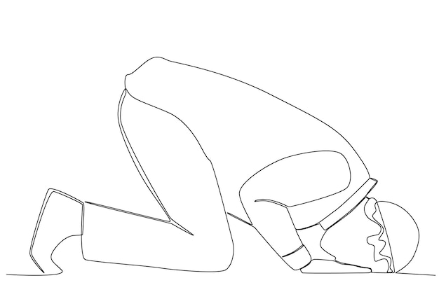 Side view of a man prostrating during salat Sholat oneline drawing