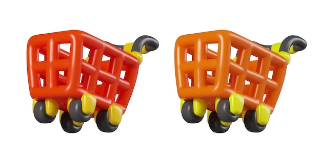 Side view on shopping carts in red and orange colors Concept of online shopping in supermarket