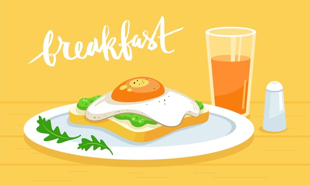 Side view of Toast with guacamole and fried egg on a plate and orange juice