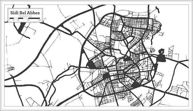 Sidi Bel Abbes Algeria City Map in Retro Style in Black and White Color Outline Map