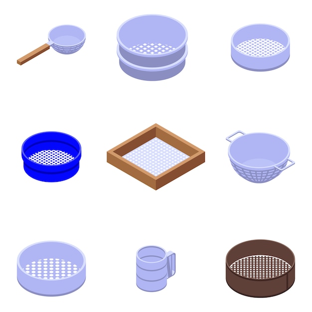 Sieve icons set, isometric style