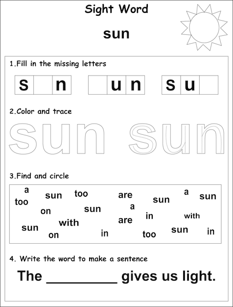 Vector sight words educational worksheet for kids primary school preschool activities