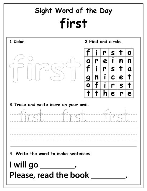 Vector sight words educational worksheet for preschool and primary school learning, coloring activities for