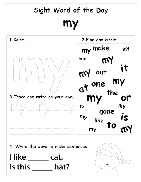 Vector sight words educational worksheet for preschool and primary school learning, coloring activities for