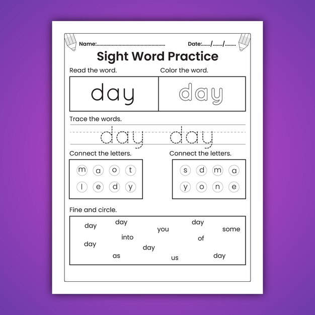 Vector sight words worksheets for kids