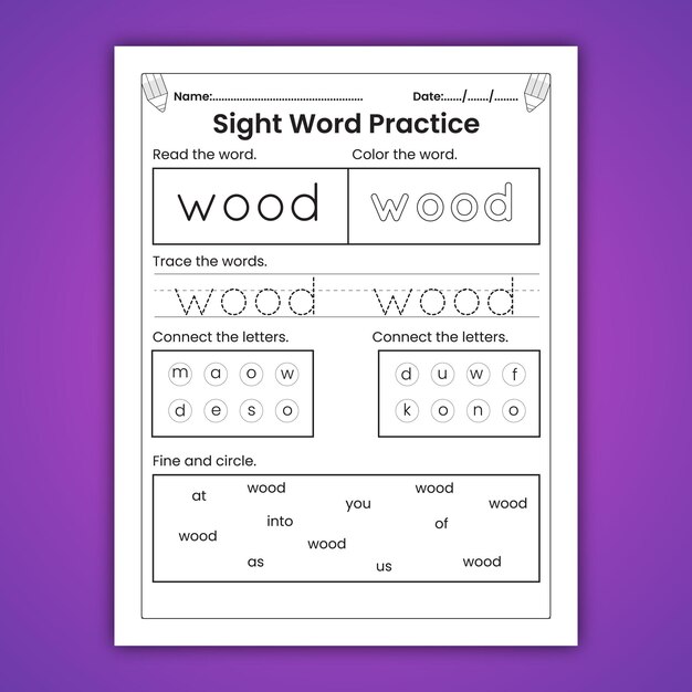 Vector sight words worksheets for kids