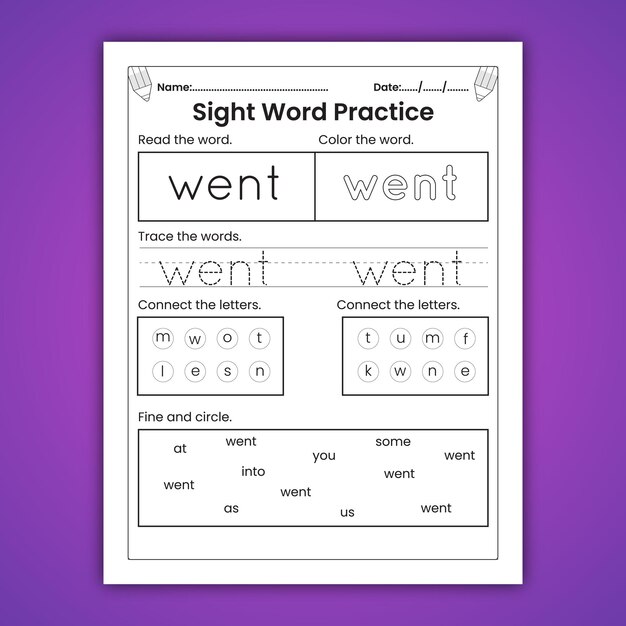 Vector sight words worksheets for kids