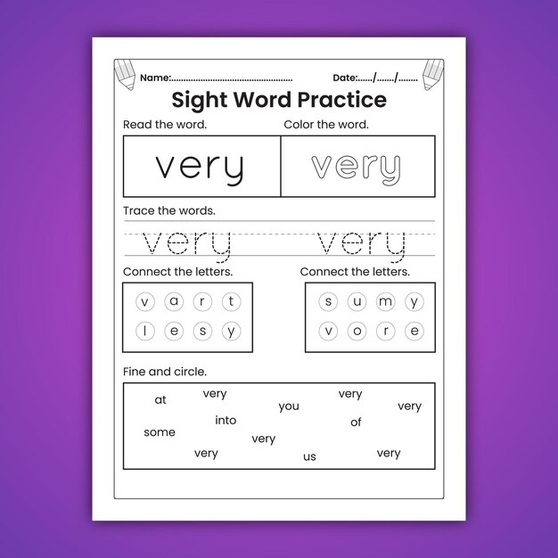 Vector sight words worksheets for kids