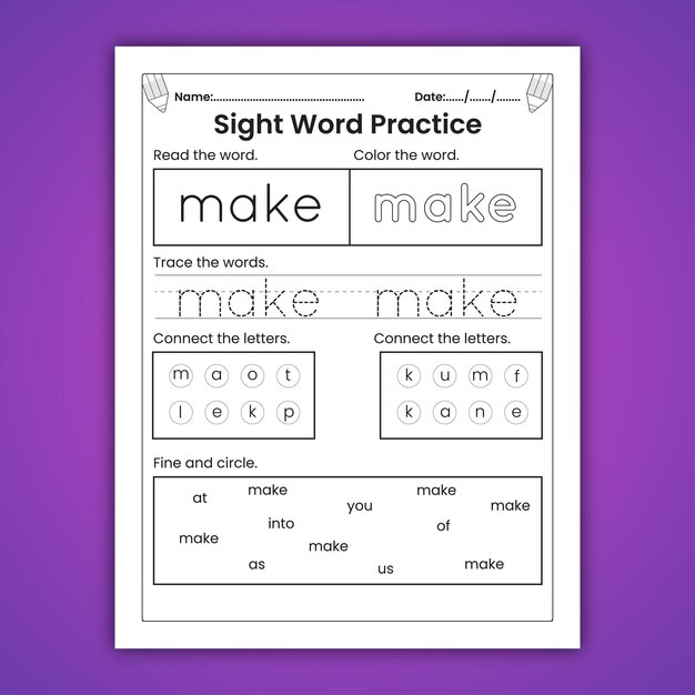 Vector sight words worksheets for kids