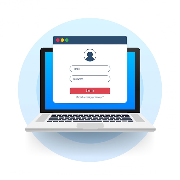 Sign in to account, user authorization, login authentication page concept. Laptop with login and password form page on screen. stock illustration.