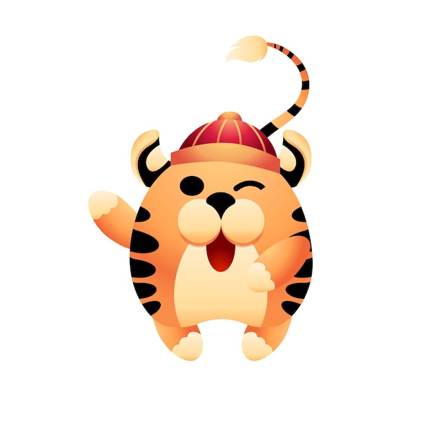 Sign of chinese new year Little tiger in traditional chinese red hat Cute funny tiger Happy animal