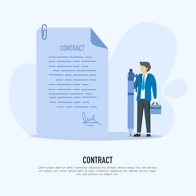 Sign the contract. Businessman cartoon character holding pen. Official document, Legal contract.