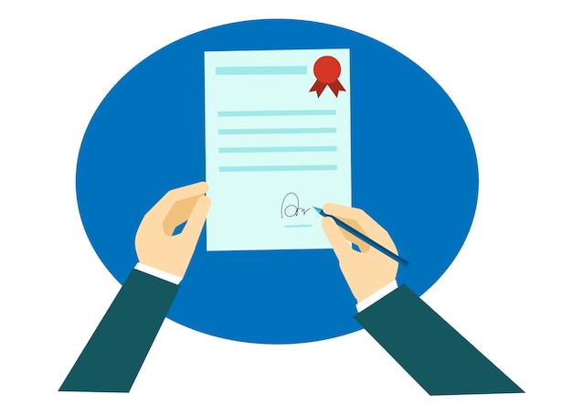 Sign contract by hand in the business agreement document Business partnership concept vector illustration in flat style