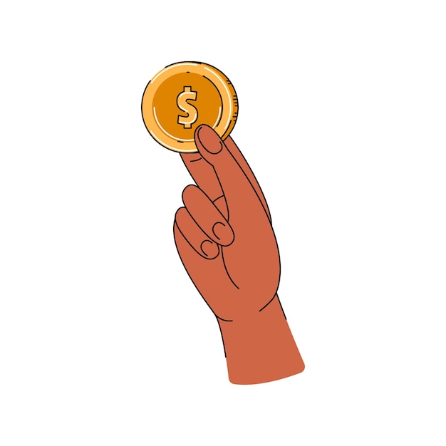 Sign hand holding coin. Money transfer, receive, hold concept. Vector flat illustration.