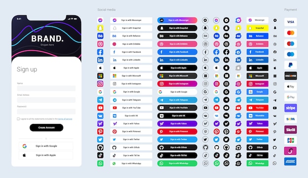 Sign in page  with social media icons and buttons for mobile interface