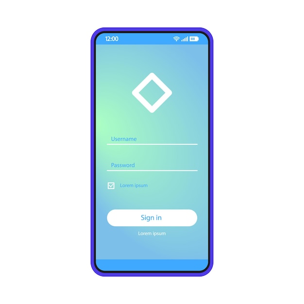 Sign in smartphone page vector template. Mobile app interface blue design layout. Login, sign up screen. Flat UI application. User registration, authorization. Phone display with password and username