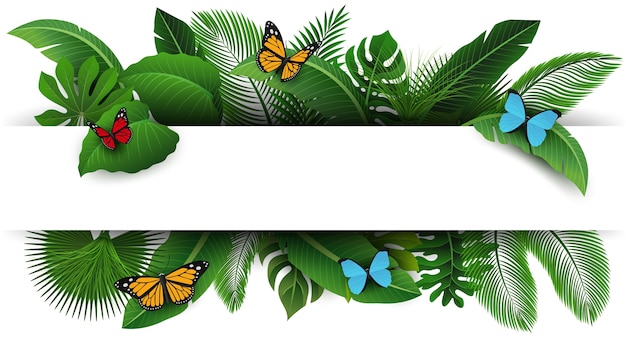 Sign with text space of Tropical Leaves and butterflies.