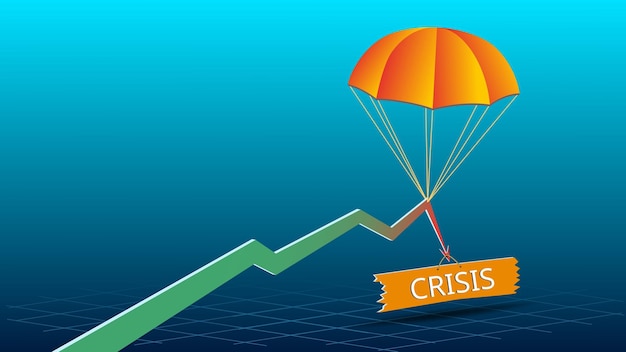 Sign with word Crisis pulls the graph arrow down and parachute holds the arrow on blue background with copy space