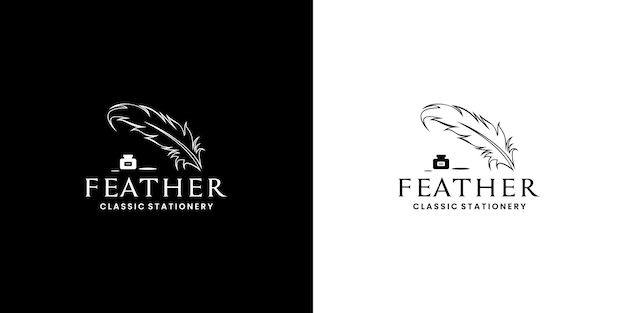 Signature feather pen logo design. classic stationery logo template