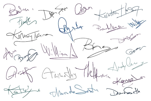 Signatures set fictitious handwritten signatures for signing documents on white background