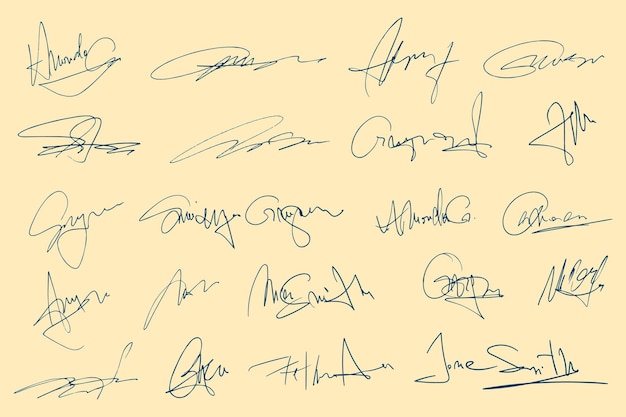 Signatures set fictitious handwritten signatures for signing documents on white background