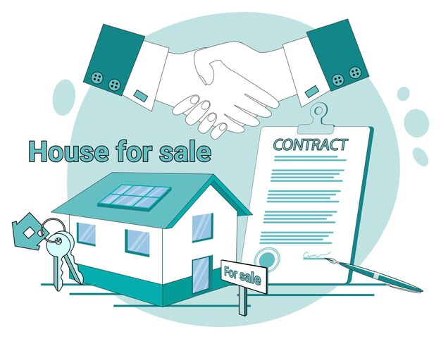 Vector signing of the contract for the sale of the house house for sale