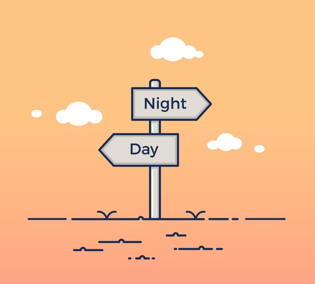 Vector signpost at sunset pointing to 2 opposite directions between night and day vector illustration