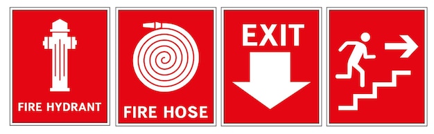 The signs contain symbols of a fire hydrant and also show an emergency exit in case of fire