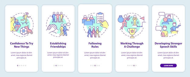 Signs of healthy child development onboarding mobile app screen Walkthrough 5 steps graphic instructions pages with linear concepts UI UX GUI template Myriad ProBold Regular fonts used