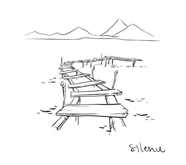 Silence. a landscape with an old wooden pier.  Line drawing.Vector illustration