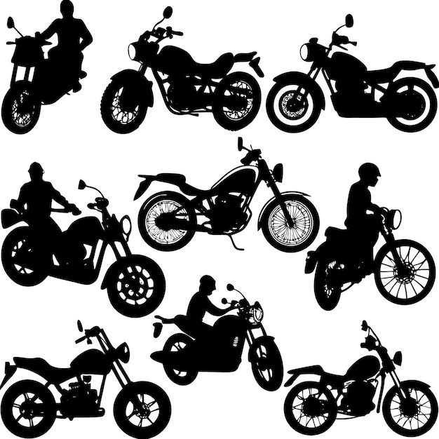 Vector silhouette of 8 motorcycles in different poses on a white background