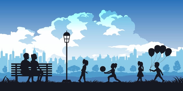 Silhouette of activities of people in park family illustration