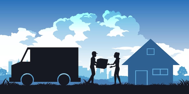 Silhouette of activities of peoplewoman receive parcel from messengervector illustration