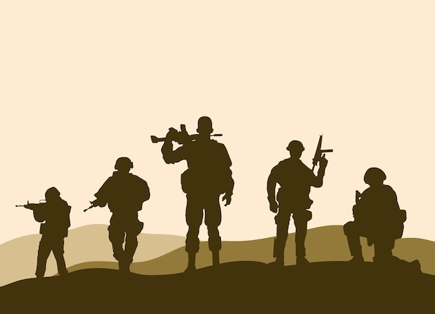 Vector silhouette of american soldier in the middle of desert