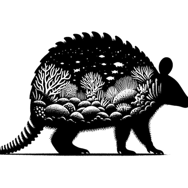 Vector silhouette of armadillo filled with underwater view with coral in rough drawing