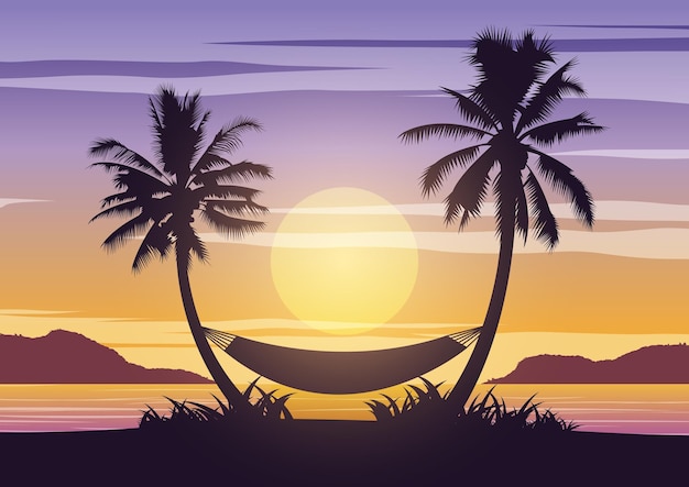 Silhouette art design of sea on sunset time and palm trees with a hammockvector illustration