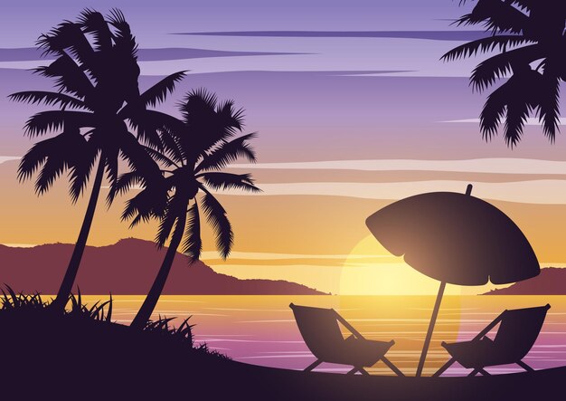 Vector silhouette art design of sea on sunset time and palm treesvector illustration