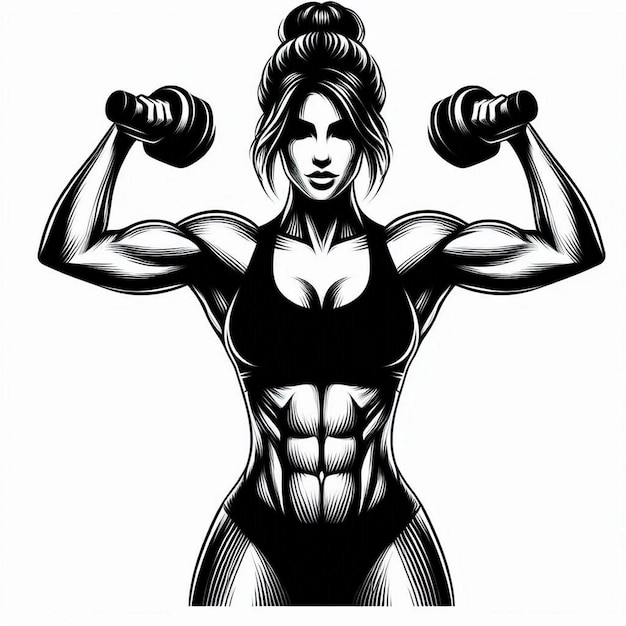 Vector silhouette art gym woman front fitness body contour drawing logo black white white background