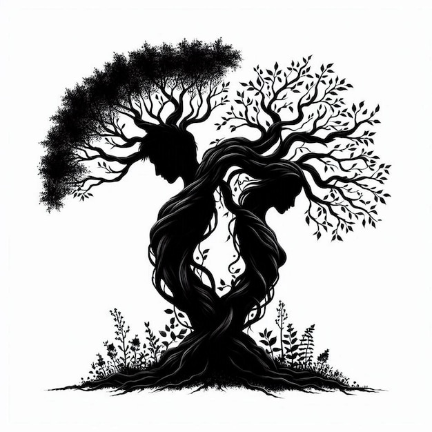 Vector silhouette art in a magical forest a male and female tree are entwined